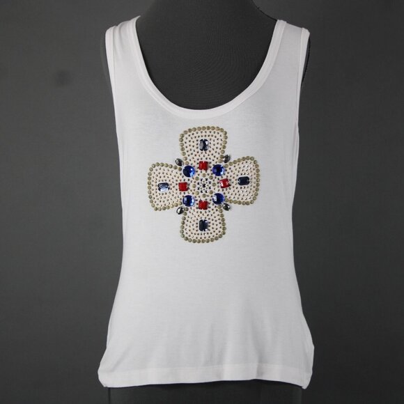St John Jeans Sz M White Gold Studded Rhinestones Cross Rayon Spandex Tank Top - Picture 12 of 16